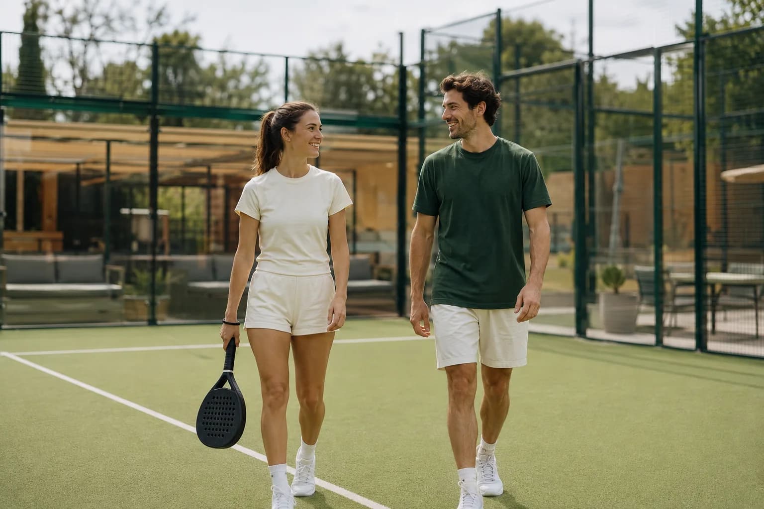 Dos amigos con ropa deportiva charlan y sonríen en una pista de pádel luminosa.